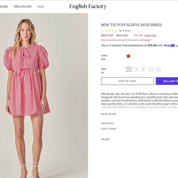 BOW TIE PUFF SLEEVE MINI DRESS- English Factory - Picture 2 of 2